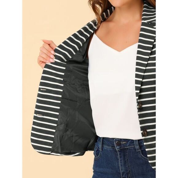 Notched Lapel Pocket Button Closure Striped Blazer Grey White - Picture 5 of 6